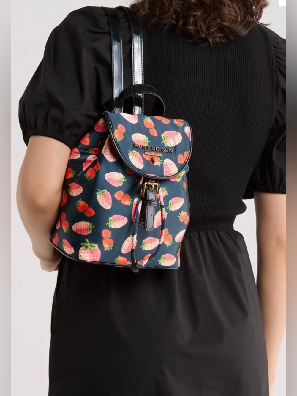 NWT Kurt Geiger Portibello Navy Backpack with Pink Strawberry Print Top Handle